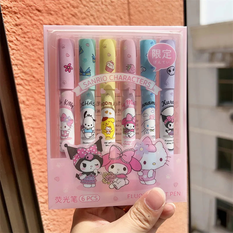 6Pcs/box Sanrio Hello Kitty Highlighter Pen Set Kawaii Kuromi Melody Cinnamoroll Art Fluorescent Markers Pens School Stationery