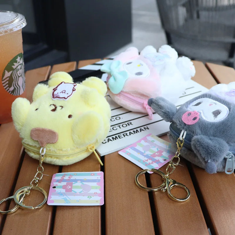 Cartoon Cute Sanrio Melody Plush Purse Keychain Hello Kitty Coin Purse Cinnamoroll Plush Pendant Soft Stuffed Plush Toy for Girl