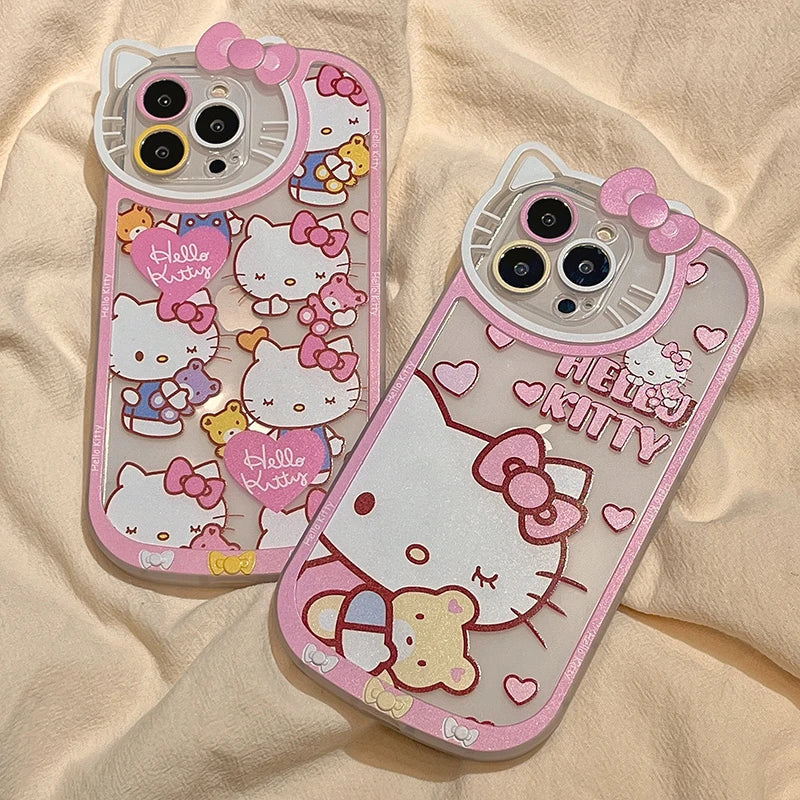 Sanrio Hello Kitty Cute Cases For iPhone 15 14 13 12 11 Pro Max XR XS 7 8 Plus SE Luxury Cartoon Transparent Cover Lady Girl Y2K