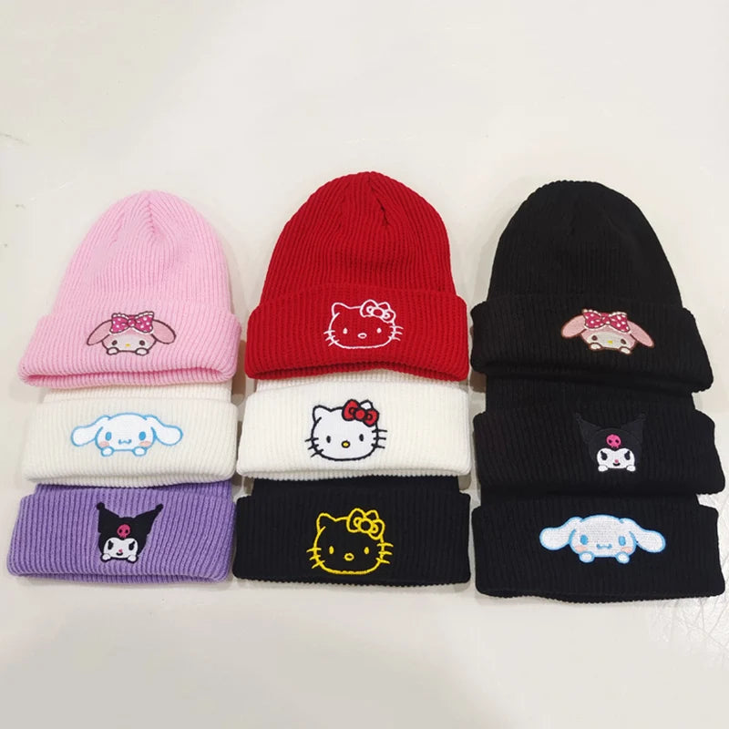 Sanrio Cartoon Hello Kitty Kids Knitted Hat Kuromi Winter Warm Adult Beanie Cap Cinnamoro My Melody Anime Embroidery Pattern Cap