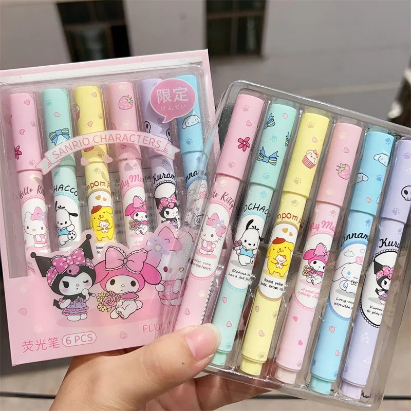 6Pcs/box Sanrio Hello Kitty Highlighter Pen Set Kawaii Kuromi Melody Cinnamoroll Art Fluorescent Markers Pens School Stationery