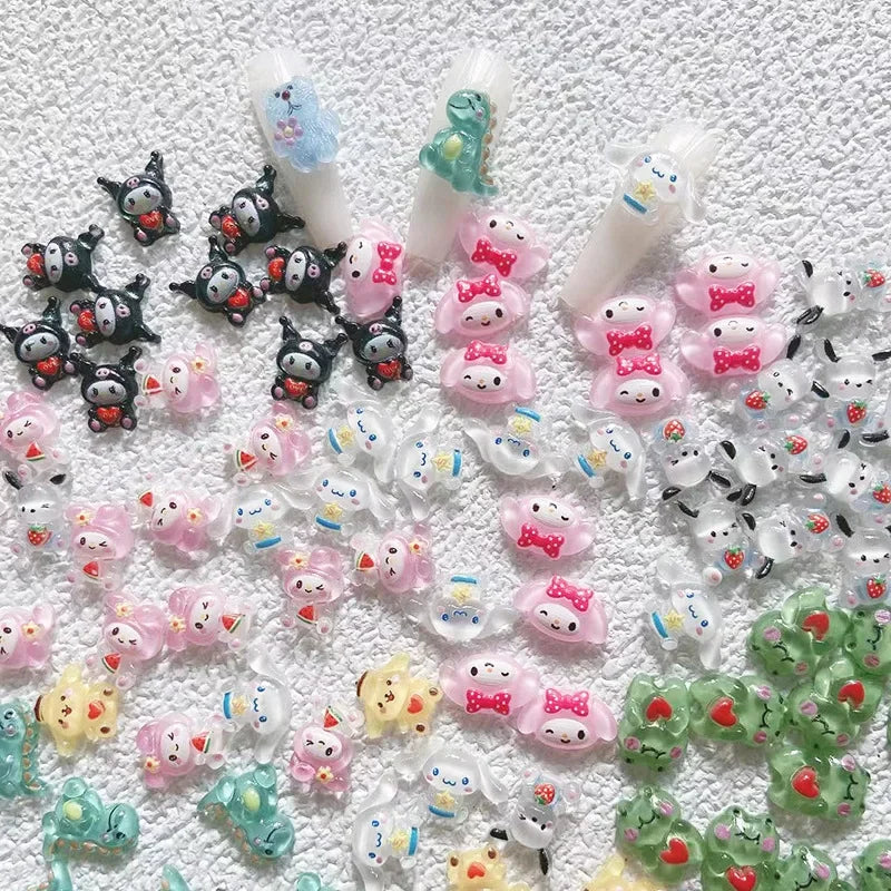 20Pcs Kawaii Sanrio Hello Kitty Purin Nail Kuromi Cinnamoroll Pom Pom Art Accessories Cute Cartoon Nail Decoration Toys for Girl