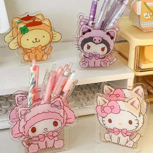 Cute Acrylic Sanrio Pen Holder Transparent Multifunctional Children's Desktop Large Capacity Stationery Storage Box Organizer