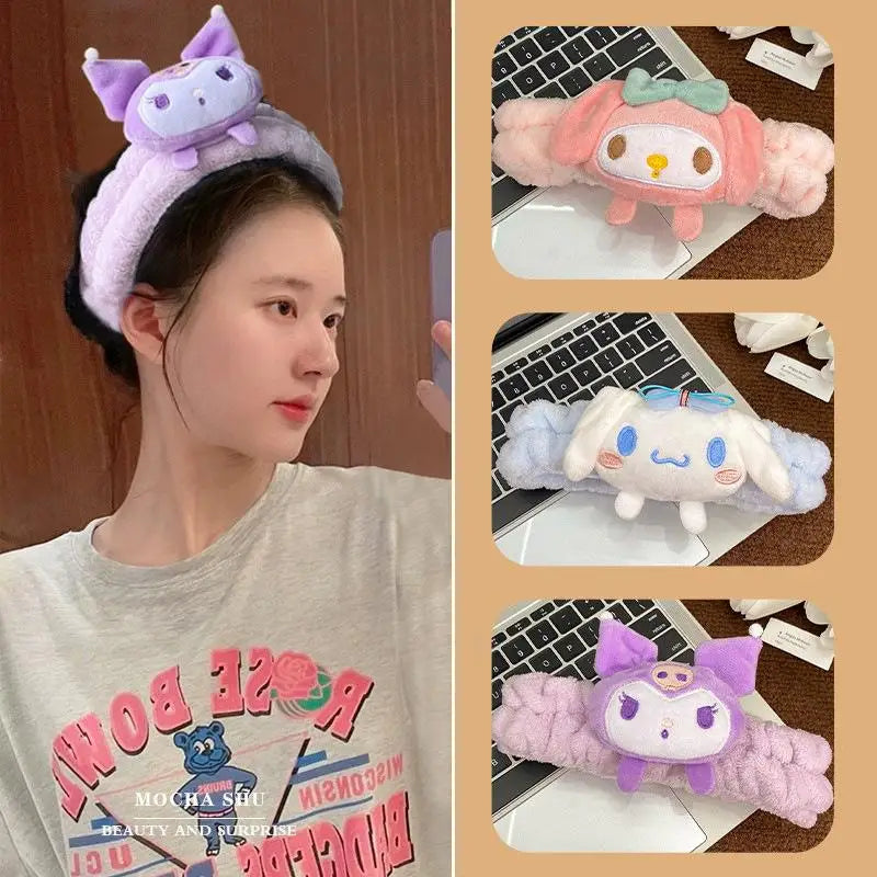 Sanrio Accessories Kawaii Hello Kitty Makeup Wash Hair Ring Cinnamoroll My Melody Hair Band Kuromi Plushie Bow Headband Gift