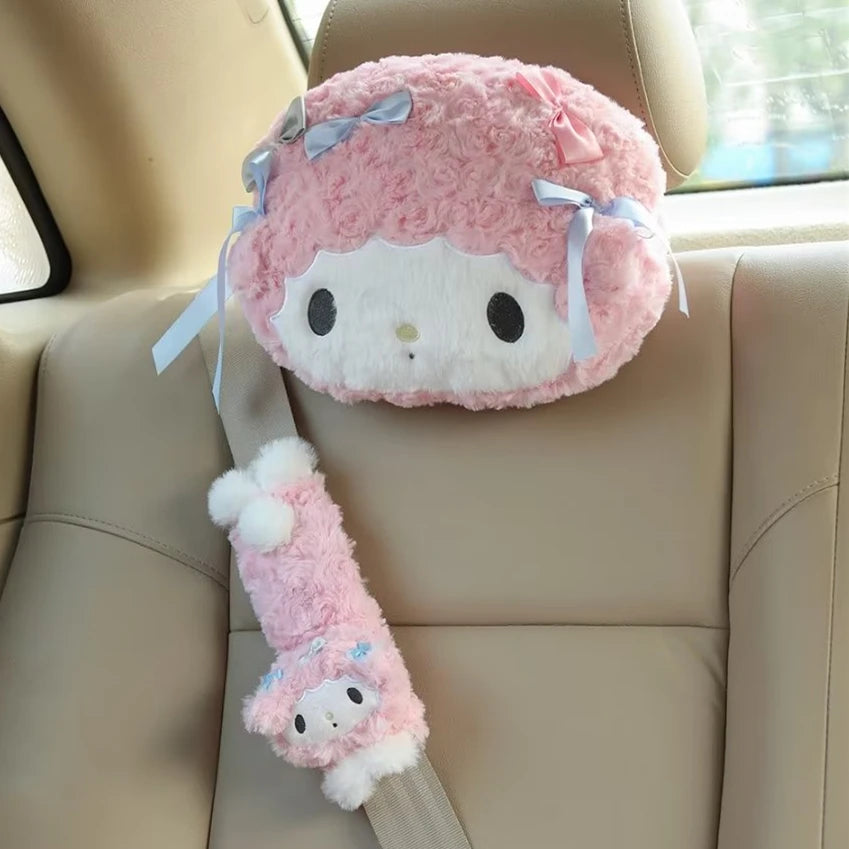 Sanrio Cute My Melody Car Seat Headrest Seat Belt Cover Kawaii Soft Comfortable Back Cushion Pillow