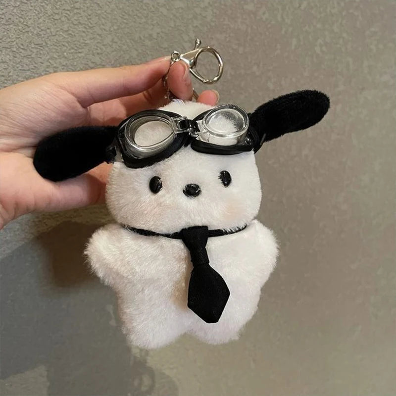 Kawaii Sanrio Plush Keychain Pochacco Keyring Cartoon Doll Pilot Dog Key Chain Car Backpack Pendant Kids Couple Christmas Gift