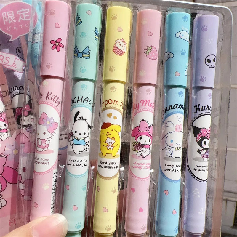 6Pcs/box Sanrio Hello Kitty Highlighter Pen Set Kawaii Kuromi Melody Cinnamoroll Art Fluorescent Markers Pens School Stationery