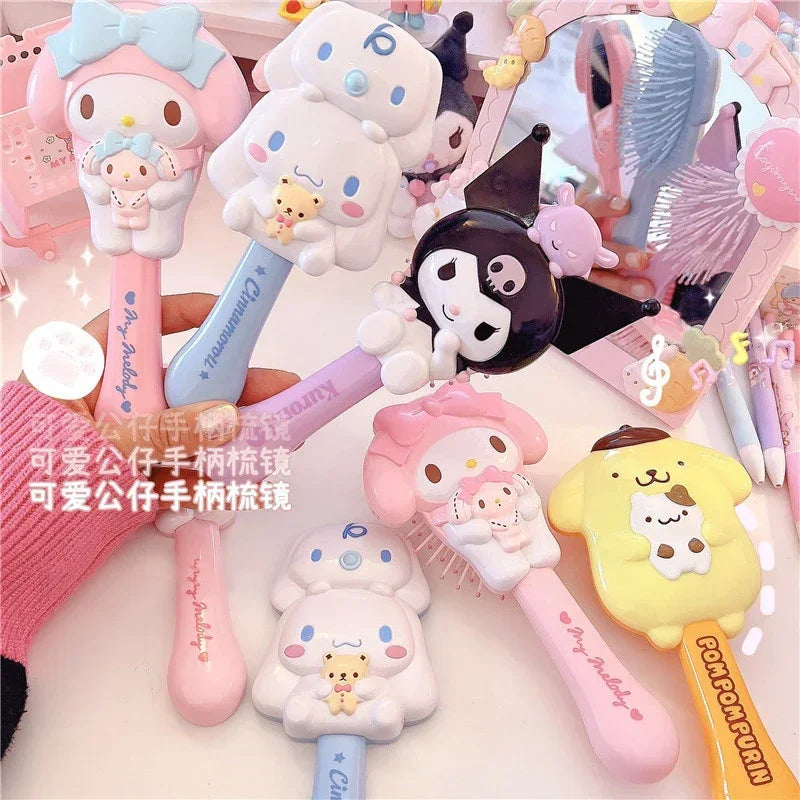 Sanrio Anime Kuromi Hand-held Makeup Mirror Massage Air Comb Cartoon Hello Kitty My Melody Cinnamoroll Small Portable Gift