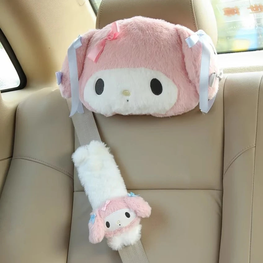 Sanrio Cute My Melody Car Seat Headrest Seat Belt Cover Kawaii Soft Comfortable Back Cushion Pillow