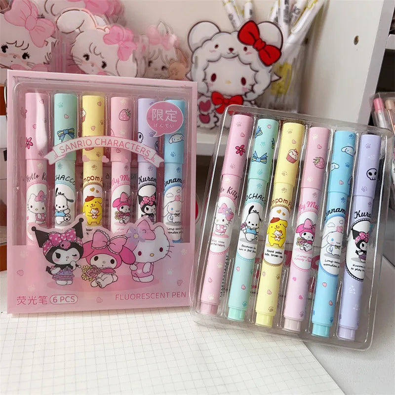 6Pcs/box Sanrio Hello Kitty Highlighter Pen Set Kawaii Kuromi Melody Cinnamoroll Art Fluorescent Markers Pens School Stationery